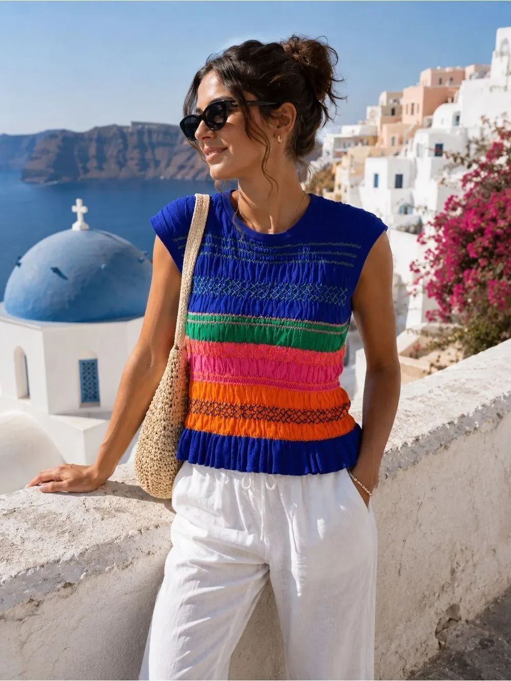 Zara Blue Orange Pink Green Smocked Cap Sleeve Blouse L Euro Summer Tomato Girl